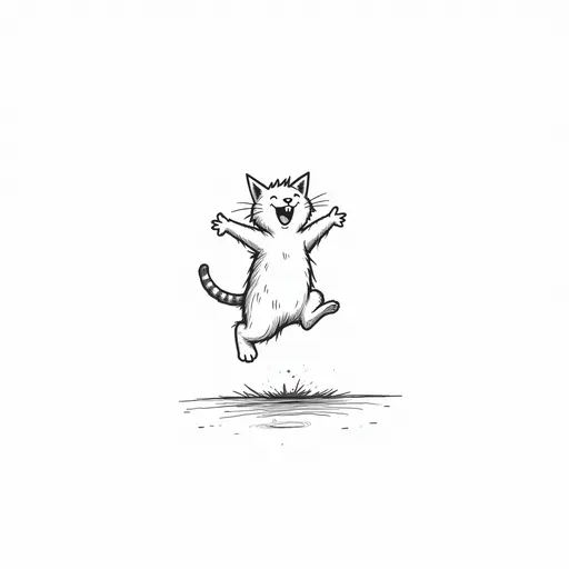 A cat jumping in the sunlight, its wet fur looking particularly joyful, black and white line drawing.