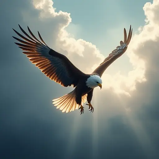 An eagle in flight with ethereal wings made of mist and light, soaring against a backdrop of dramatic clouds.