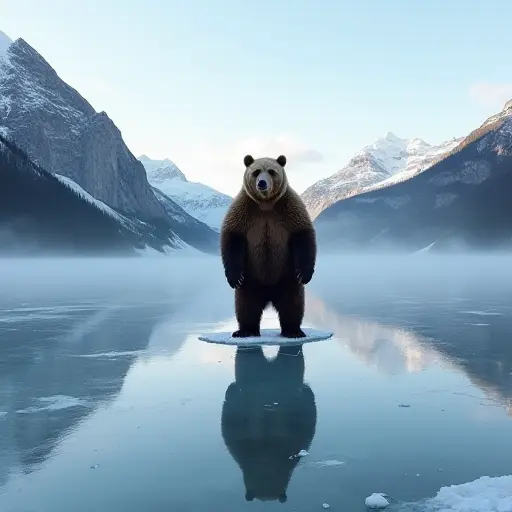 A bear standing on a perfectly reflective frozen lake surrounded by mountains, its massive figure mirrored in the pristine ice beneath its paws.