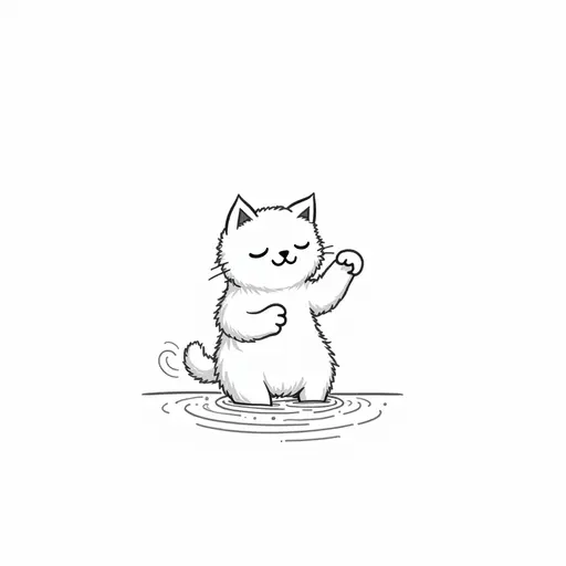 black and white simple line drawingclean hand-drawn outlines of A persian cat playfully splashing water with its paws, showing a mischievous expression.