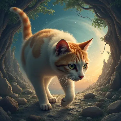 A cat avatar in a distorted space-time continuum, with its body bending and warping, suggesting the bending of reality.