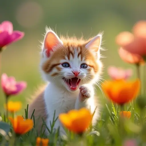 Kitten playing in a field of flowers, with colorful petals all around.