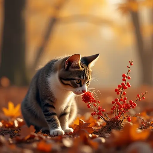 A cat sniffing a cluster of red berries in an autumn forest, surrounded by fallen leaves, as the wind blows gently through the trees, causing the leaves to swirl around it.