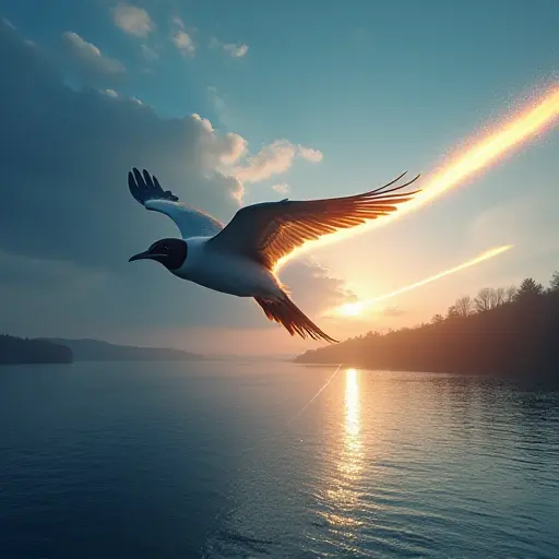 A bird streaking through the sky, leaving a trail of glowing light behind it as it soars over a sparkling lake.