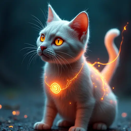 A cat avatar with glowing charging ports on its body, powered by visible energy currents that flow through it.