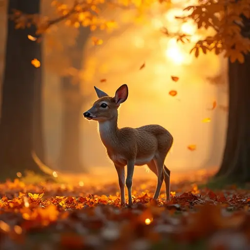 A small deer standing still in the middle of a forest, with bright autumn leaves floating around it, and the golden light of the setting sun casting long shadows.