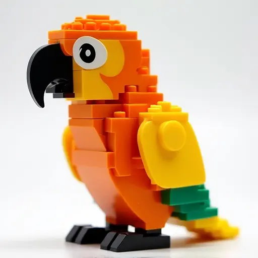 LEGO style of a orange-cheeked parrot from the side view