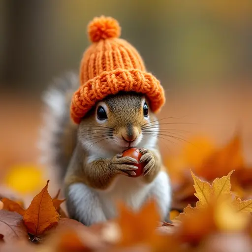 A squirrel wearing a tiny knitted autumn hat, sitting in a pile of colorful autumn leaves, its paws holding a small acorn, while more leaves gently fall around it in a soft breeze.