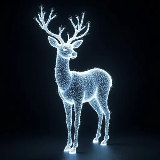 A deer formed from quantum particles, with a shimmering coat of light that flickers in and out of visibility. The deer’s form appears to be in multiple states at once, reflecting the principles of quantum mechanics.