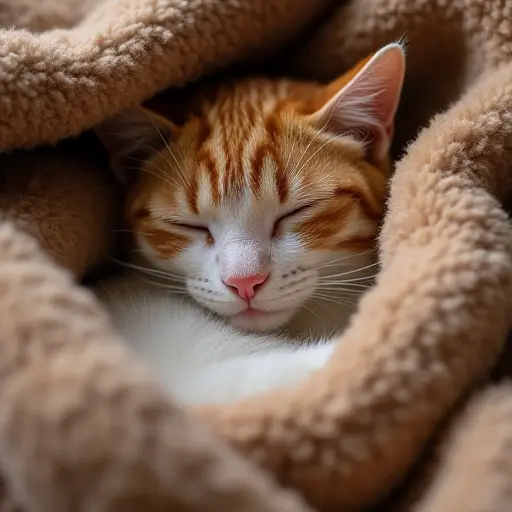 Snuggled cat curled up in a warm blanket, purring softly, eyes half-closed.