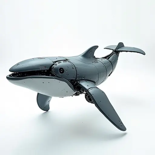 A whale constructed from interlocking mechanical parts, with a sleek, streamlined body powered by hydraulic systems. Its movements are precise, mimicking the natural grace of real whales, but with a mechanical, futuristic feel.