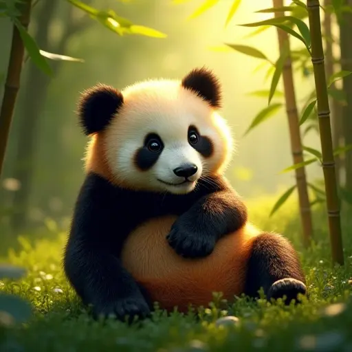 A panda basking in soft rays of sunlight streaming through a bamboo forest, its fur glowing warmly against the lush green background.