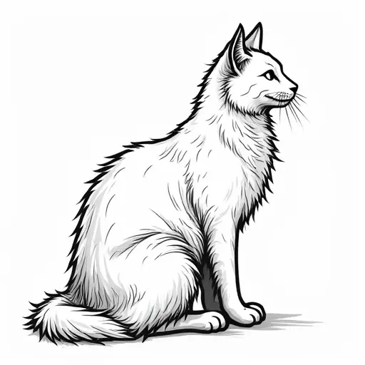 black and white simple line drawing of a maine coon from the side view