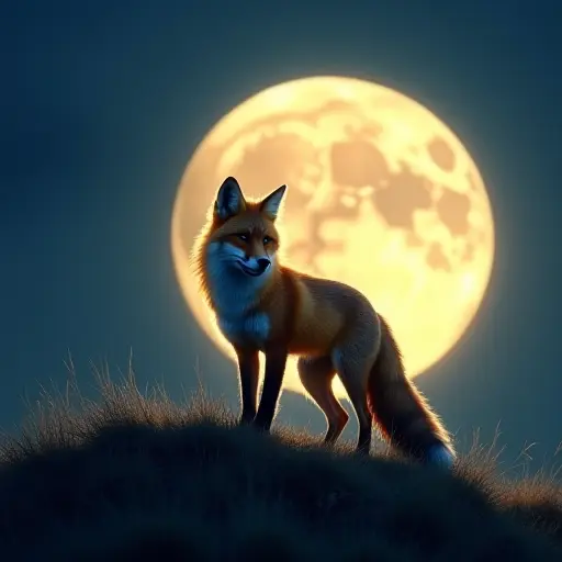 A fox bathed in moonlight, its fur glowing softly as it stands on a hilltop with the full moon behind it.