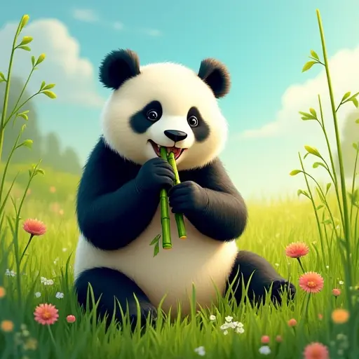 A panda munching on bamboo in a vibrant green meadow, surrounded by tall grasses and wildflowers under a bright, clear sky.