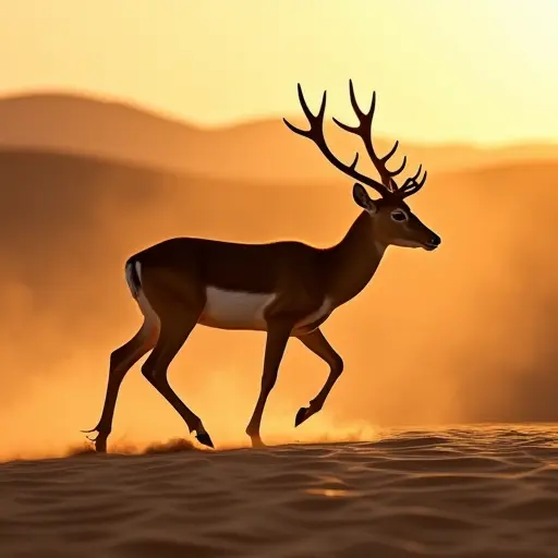 A deer walking through an arid desert at dusk, its hooves sinking lightly into the golden sands as a soft breeze stirs up dust.