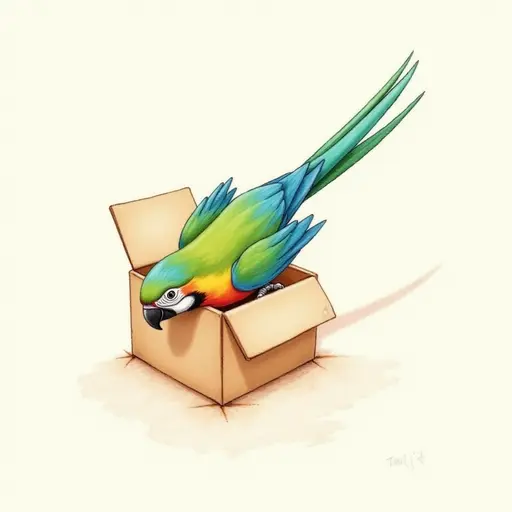 colored pencil drawing style of The Parrot dives headfirst into the box, its tail swishing gently as it explores the surroundings.