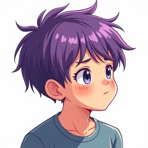 A boy with purple hair, drawn in bold lines with soft shading to emphasize the vivid color.