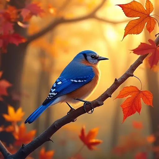 A bluebird perched on a branch, surrounded by swirling autumn leaves in shades of red, yellow, and orange, the forest bathed in the golden light of fall, with the bird's wings fluttering gently in the cool breeze.