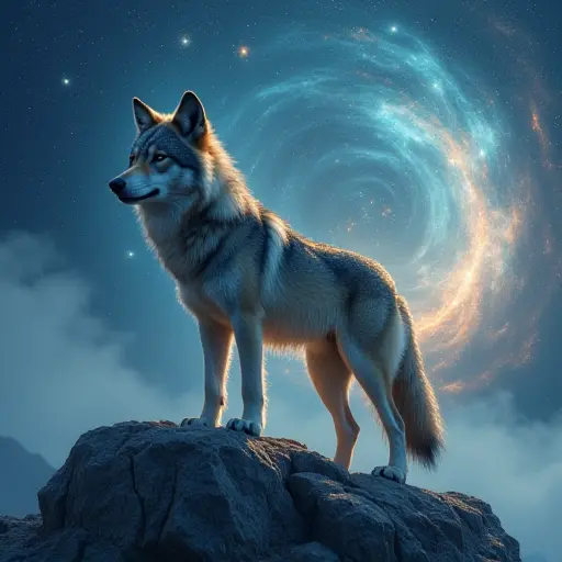 A wolf standing on a mountain peak surrounded by swirling cosmic mist, its fur glistening with dew and tiny glowing stars caught in its coat.