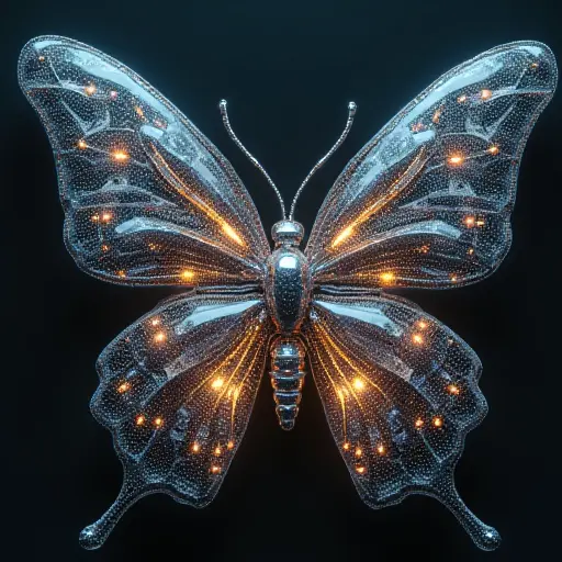 A butterfly made of millions of tiny nanobots, each one capable of moving independently to form the delicate wings and body. The wings shimmer with reflective, metallic surfaces, creating a futuristic and natural blend.