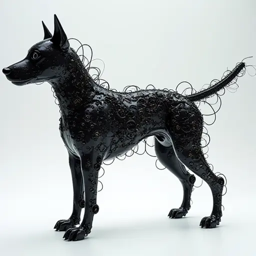 A dog constructed from millions of tiny, interconnected nanobots. Each nanobot is capable of movement and transformation, allowing the dog to change its form dynamically, while maintaining a futuristic, mechanical appearance.