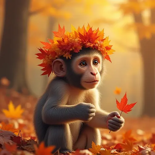 A monkey playfully weaving a crown out of autumn leaves and flowers, sitting in a forest filled with golden and red foliage, as the colorful leaves create a natural crown around its head.