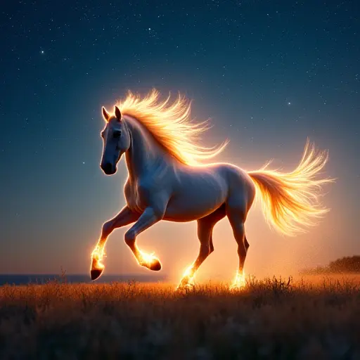 A horse galloping across an open field under a sky filled with shooting stars, its mane and tail flowing with glowing streaks of light.