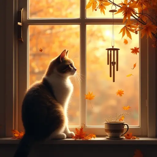 A cat sitting on the windowsill, with the gentle sound of wind chimes echoing through the autumn air, as the wind blows the fallen leaves around and the soft chimes create a tranquil atmosphere.