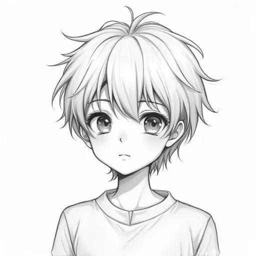 A boy with single eyelids and short hair, drawn in fine pencil lines with soft shading.