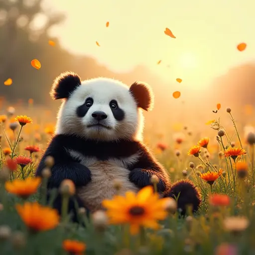 A panda resting in a field of blooming wildflowers, with petals drifting gently in the air under a warm summer sun.