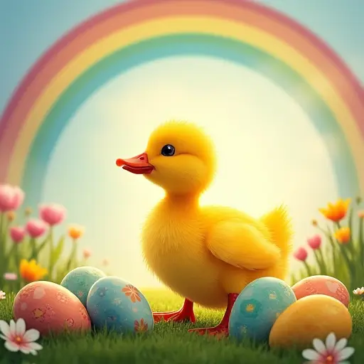 A yellow duck waddling under a bright rainbow, with colorful Easter eggs scattered around and spring flowers blooming around it, symbolizing the renewal of life.