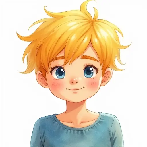 A boy with bright blonde hair, drawn with soft pencil strokes and watercolor for a dreamy, soft look.