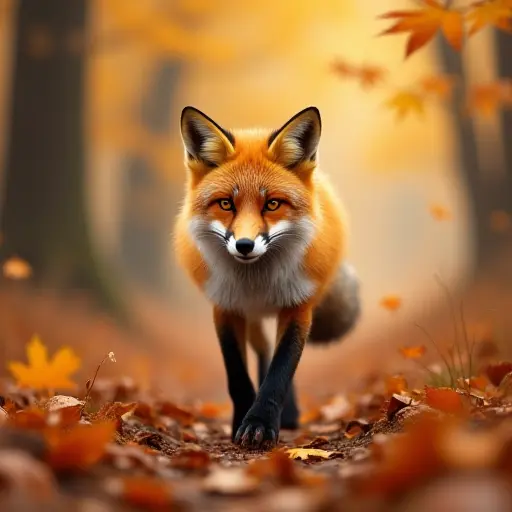 A fox with fiery orange fur walking through an autumn forest, with leaves swirling in the crisp autumn breeze and the trees shedding their golden leaves.