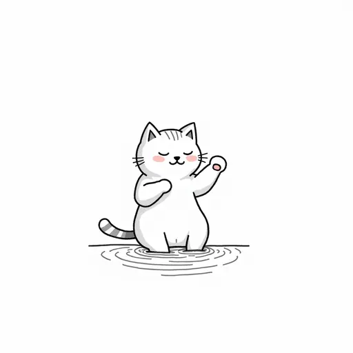 black and white simple line drawingclean hand-drawn outlines of A british shorthair playfully splashing water with its paws, showing a mischievous expression.