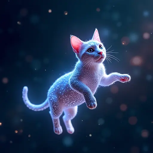 A cat avatar floating in space, with its body formed from light waves and digital data points, representing cosmic digital technology.