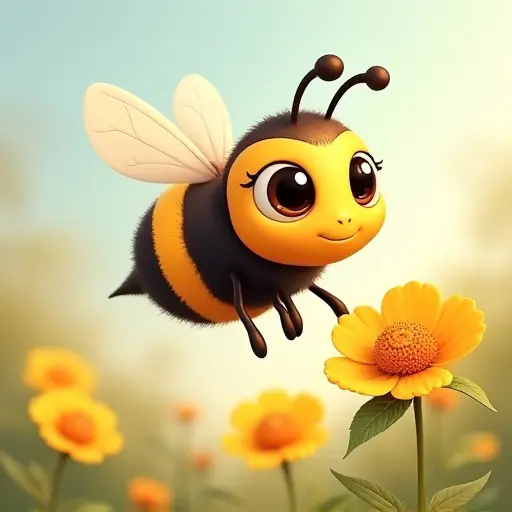 Cute bee with yellow and black stripes, big eyes, flying over a flower.