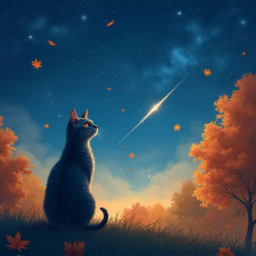 A cat sitting on a hill, looking up at a starry sky with a shooting star passing overhead, while colorful autumn leaves fall gently around it, creating a magical and peaceful night.