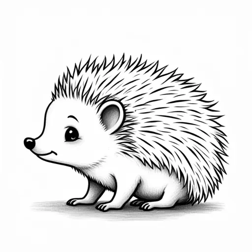 clean black and white hand-drawn outlines of a baby hedgehog from the side view