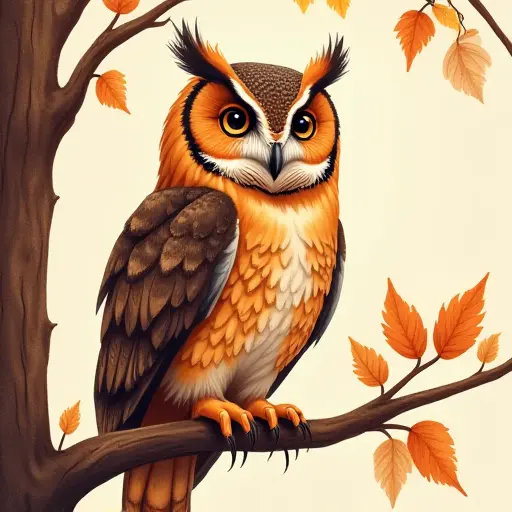 An owl perched on a tree branch with autumn leaves, drawn in warm oranges, browns, and subtle shades.