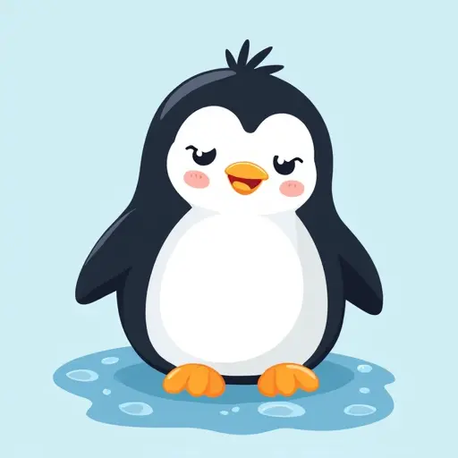 A smiling penguin on ice, drawn with cute, round shapes and a cool, pale blue background.