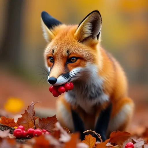 A fox nibbling on bright red berries in an autumn forest, with the vibrant leaves falling around it, creating a colorful contrast between the fiery red berries and the golden and orange leaves scattered on the forest floor.