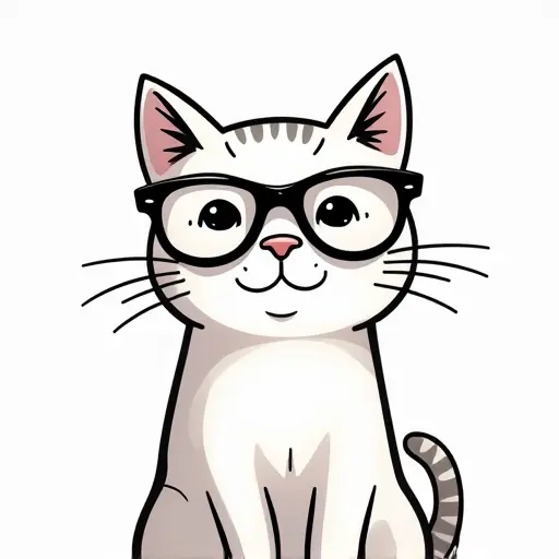 A quirky cat with glasses, drawn with clean, simple lines and subtle shading around the glasses.