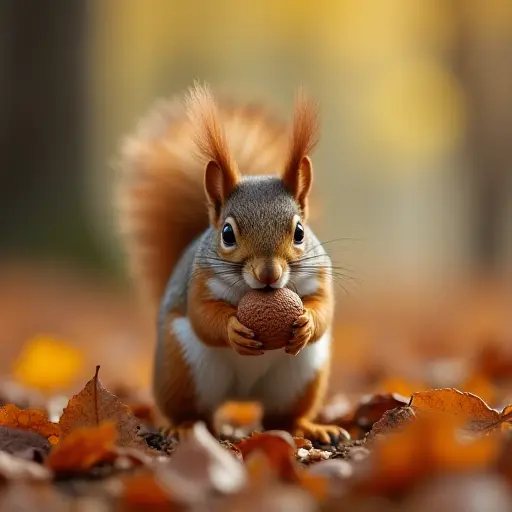 A squirrel with an acorn in its mouth, scurrying through the forest, with the crisp autumn leaves scattering beneath its paws, while the wind creates a gentle rustling sound in the trees.