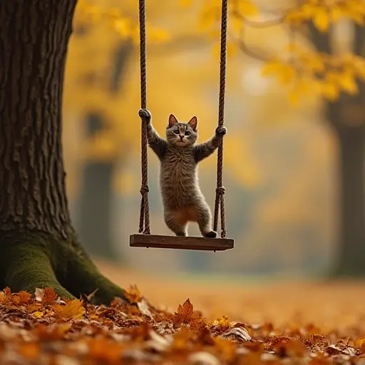 A playful cat jumping onto an old wooden swing hanging from a tree in an autumn forest, with the swing gently swaying back and forth, surrounded by a pile of golden autumn leaves.