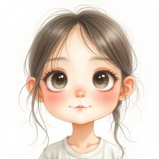 A girl with a round face and big eyes, drawn with soft, clean pencil lines and light watercolor effects.