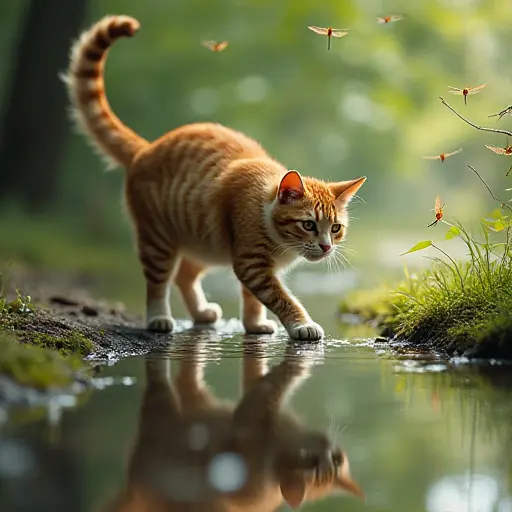 A cat walking along the edge of a tranquil stream, its reflection shimmering in the water as dragonflies hover nearby.