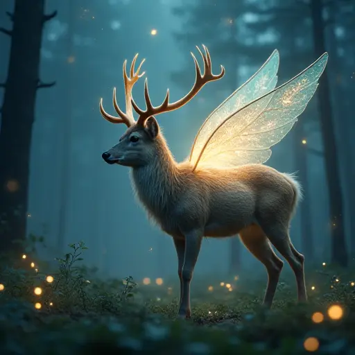 A mystical deer with ethereal wings made of light, standing gracefully in a misty forest, surrounded by floating fireflies and the soft glow of bioluminescent plants.