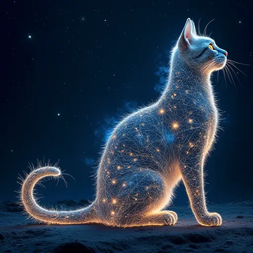 A cat shaped from the night sky, filled with constellations and swirling galaxies, glowing with celestial light.