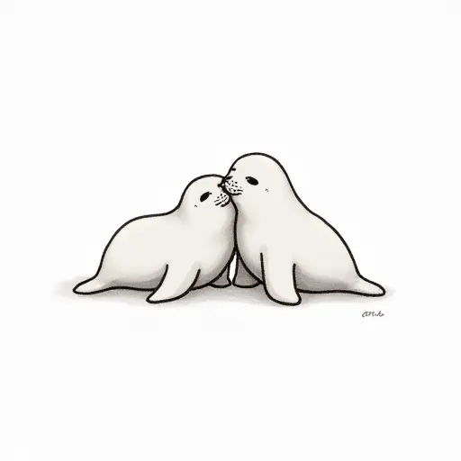 A pair of seals nuzzling each other, drawn with soft, rounded lines and subtle gray shading.